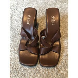 Diba East Women’s Brown Leather Open Toe Wedge Heel Size 8.5